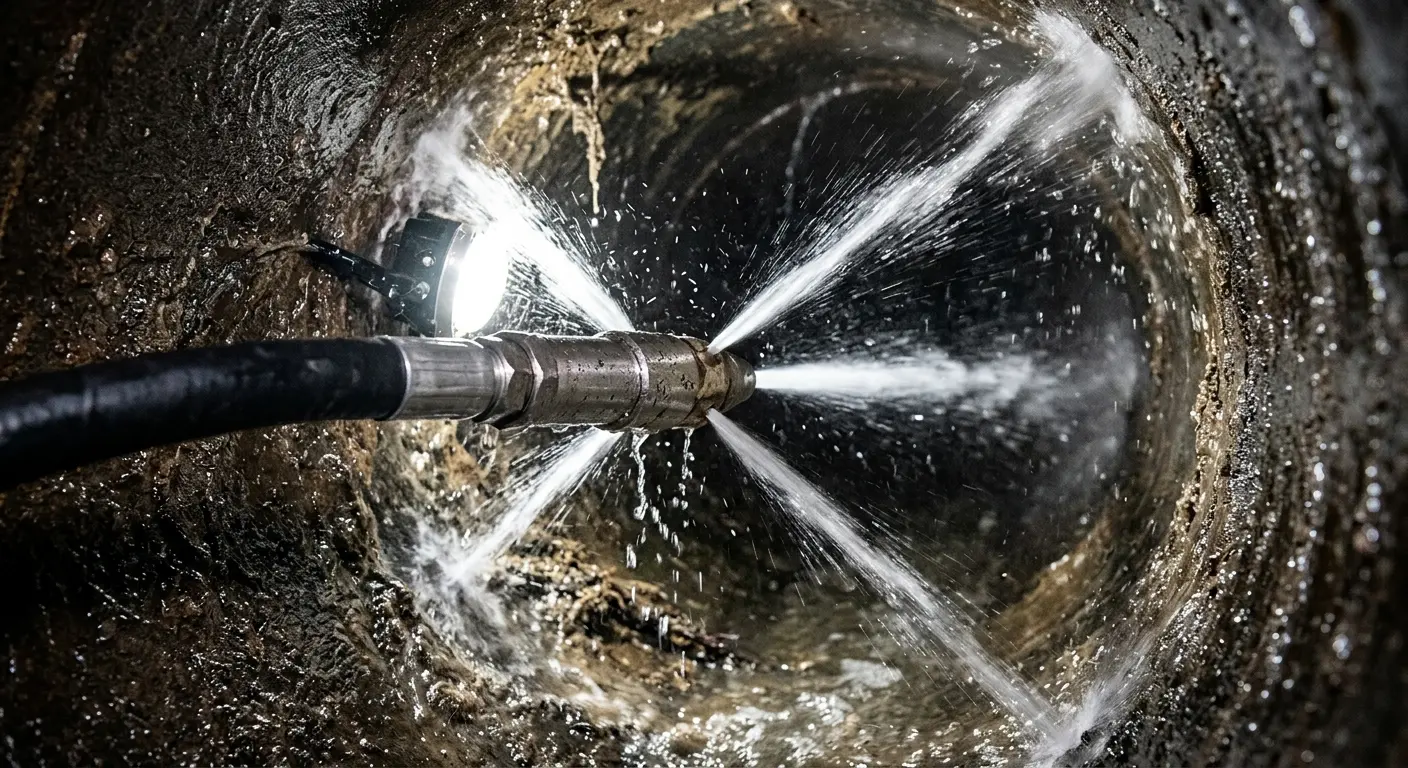 High-pressure hydro jetting nozzle cleaning sewer pipe for Sewer Cleanout in Carlinville