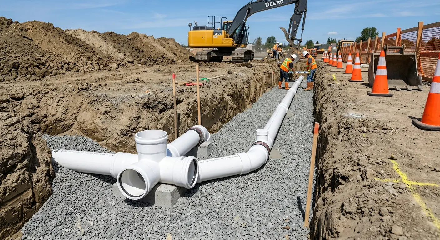 New PVC sewer pipe installation in open trench for Sewer Backup in Carlinville